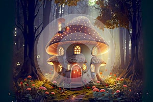 Fantasy fairytale mushroom house, generative ai illustration