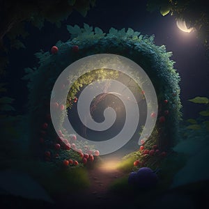 Fantasy FairyTale Pixie Garden Arch Thorns And Forest Fruits Night Glowing Lights Generative Ai