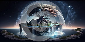 Fantasy fairytale sphere island floating in universe of night sky