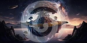 Fantasy fairytale sphere island floating in universe of night sky