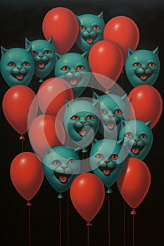 Fantasy fanny cats and red balloons on dark background, art vertical bright image