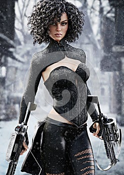 Fantasy female hunter holding duel crossbows tracking her target through snow.