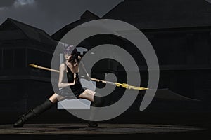 Fantasy female ninja in shaolin courtyard