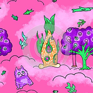 A fantasy fish house on clouds with a tree and cat playing with fish