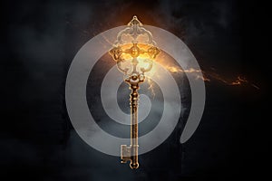 Fantasy flaming golden key. Energy and magic. Dark background.