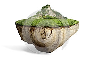 Fantasy floating island with natural grass field on the rock