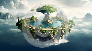 Fantasy floating island over water with a big tree in the middle.