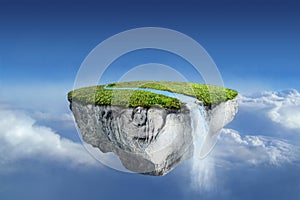 Fantasy floating island with river stream on green grass in blue sky