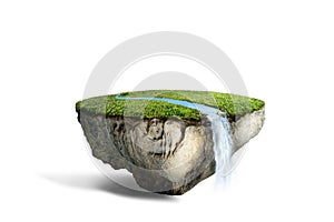 Fantasy floating island with river stream on green grass isolated on white photo
