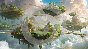 Fantasy Floating Islands with Connected Walkways. Fantasy landscape of lush floating islands connected by walkways amid