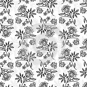 Fantasy floral seamless pattern. Doodle flowers with curls and swirls