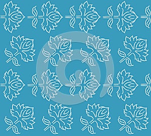 Fantasy floral seamless pattern with ethnic style hand drawn leaf elements, white on blue, vector illustration