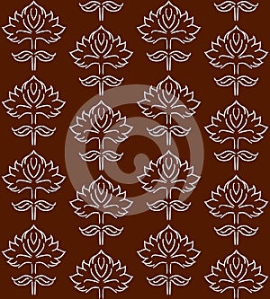 Fantasy floral seamless pattern with ethnic style hand drawn leaf elements, white on brown, vector illustration