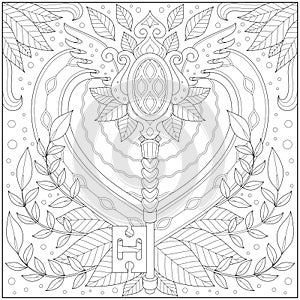 Fantasy flower key adult and kid coloring page in stylish vector illustration