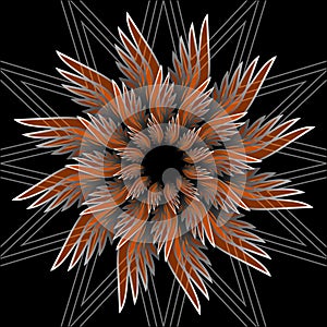 Fantasy flower shape with 3d effect. Orange star shape on black background. Vector in fractal style.