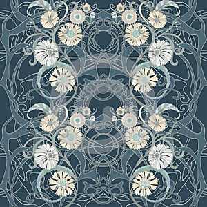 Fantasy flowers, decorative flowers and leaves in art nouveau style