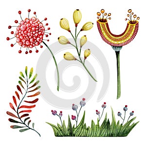 Fantasy flowers and plants watercolor illustration set. Colorful fictional flora, nonexistent plants