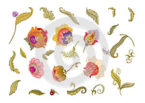 Fantasy flowers in retro, vintage, jacobean embroidery style.