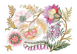 Fantasy flowers in retro, vintage, jacobean embroidery style.