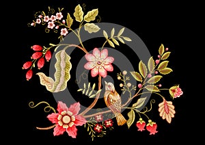 Fantasy flowers in retro, vintage, jacobean embroidery style. Embroidery imitation.