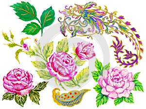 Fantasy flowers in retro, vintage, Rose jacobean embroidery paisley style