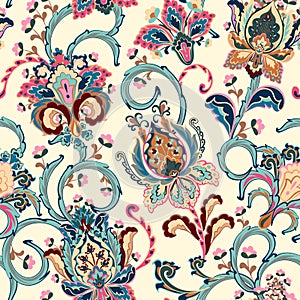 Fantasy flowers seamless paisley pattern. Floral ornament, for fabric, textile, cards, wrapping paper, wallpaper