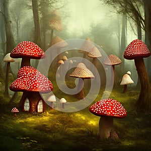 Fantasy fly agaric mushroom-like cottages growing in magical forest