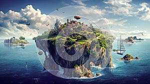 Fantasy flying island in ocean with sky and clouds. Castle on rock with sky background. Generative AI