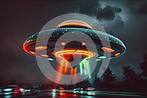 Fantasy flying saucer, neon colors. Generative AI