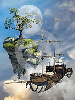 Fantasy flying ship and island