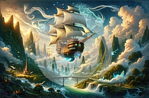 Fantasy Flying Ship Over Magical Landscape