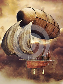 Fantasy flying ship at sunset