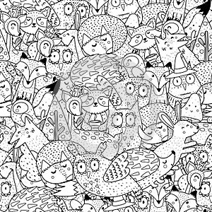 Fantasy forest animals black and white seamless pattern. Great for  coloring page, prints