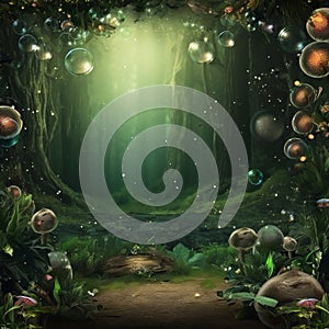 fantasy forest background with bubbles and mushrooms