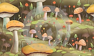 Fantasy forest background with mushrooms and grass - illustration for children