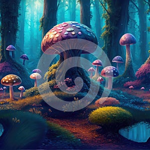 Fantasy forest background with mushrooms and trees