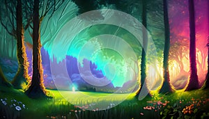 Fantasy forest background with trees and rays of light. Vector illustration