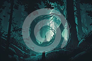 Fantasy forest background. Vector illustration. Dark forest with trees and fog