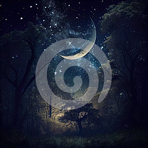 Fantasy forest with crecent moon