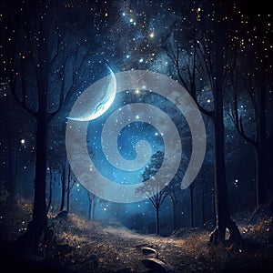 Fantasy forest with crecent moon