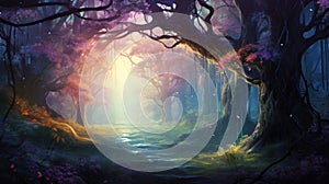 fantasy forest fairy tale background. woods with colorful lighting. dreamy landscape scene. generative AI