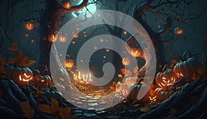 Fantasy Forest full with Jack O Lantern, Halloween Background Illustration Create using Generative AI Tools