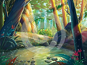 The Fantasy Forest Moring by the Riverside with Fantastic, Realistic and Futuristic Style