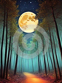Fantasy forest at night with full moon in the sky.