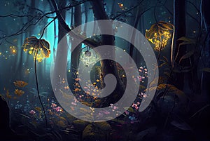 Fantasy forest at night, magic glowing flowers in fairytale wood, generative AI