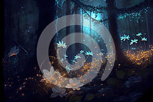 Fantasy forest at night, magic glowing flowers in fairytale wood, generative AI