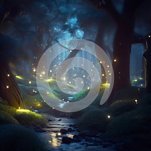 Fantasy forest at night, magic lights and fireflies in fairytale wood, Surreal mystical fantasy artwork. Generative AI