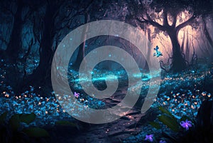 Fantasy forest at night, magic luminous flowers in fairytale wood, generative AI