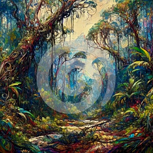 Fantasy forest painting. A lot of colors