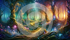 Fantasy Forest Path with Vibrant Colors and Mystical Creatures